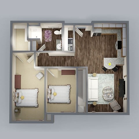 Floor plan for 2 beds, 1 bath, 850 sqft